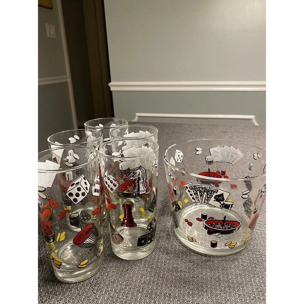 Hazel Atlas Poker Themed Cards Ice Bucket & 5 Glasses 1960’s Man Cave Barware